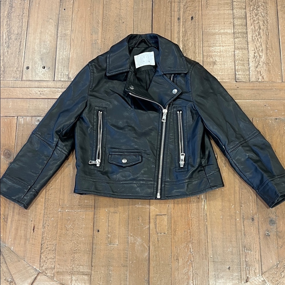 Zara Black faux Leather moto Jacket kids 6 collared zip front